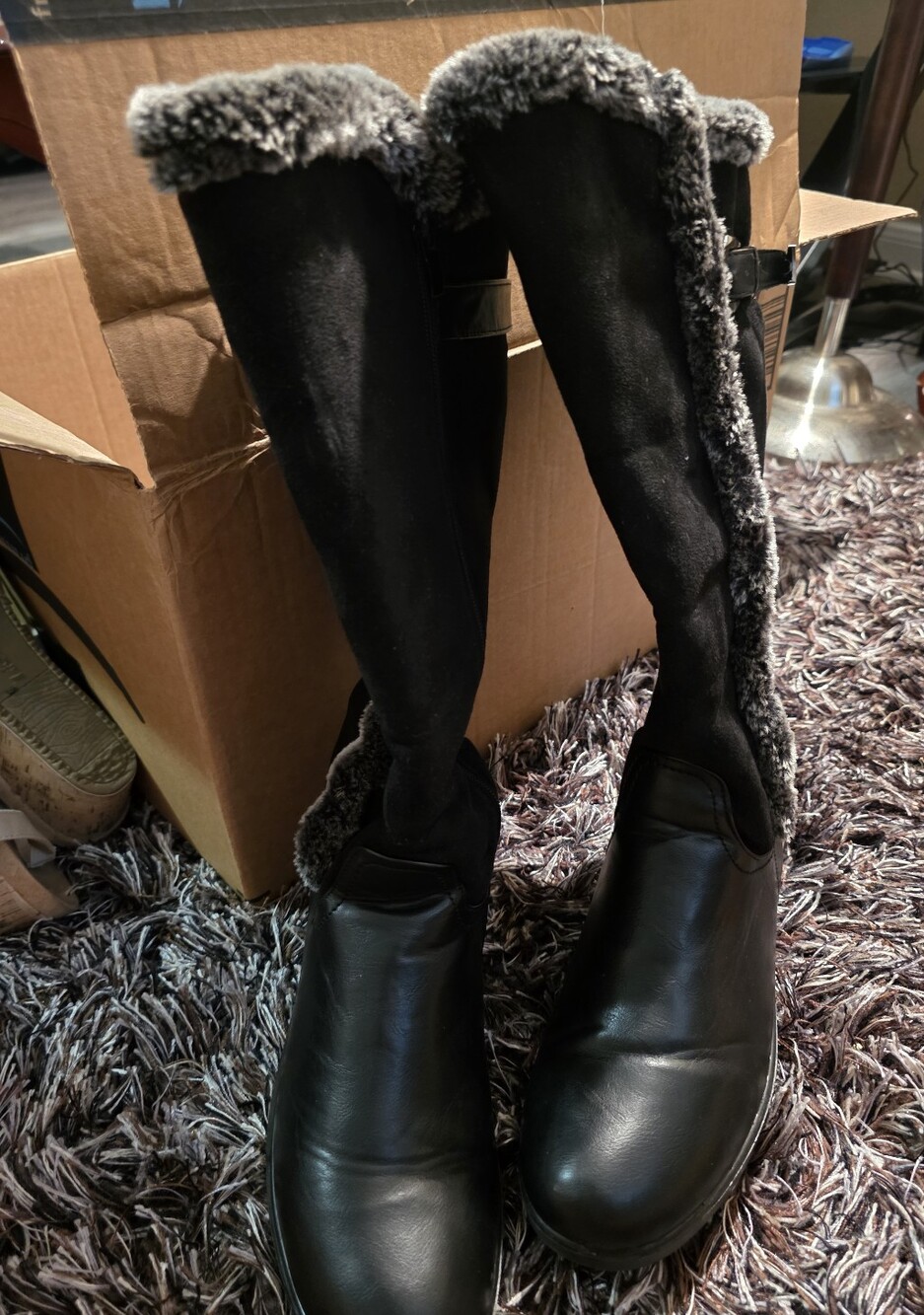 Rasolli Black Knee-High Boots with Gray Faux-Fur Trim